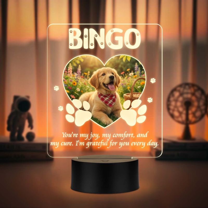 Personalized Pet Photo LED Night Light Custom with Dog Picture & Name Unique Pet Memorial & Celebration Gift for Dog Lovers – Warm White LED Base for Home Decor